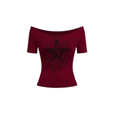 Imagem de SOLY HUX Camisetas femininas Y2k Graphic Crop Tops com estampa de estrelas, ombros de fora, manga curta, Estrela vinho, P
