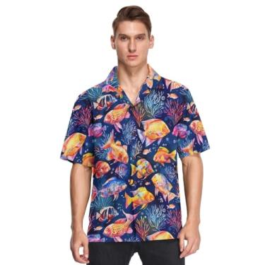 Imagem de Camisa masculina havaiana verão praia camisa estampada camisa casual solta manga curta, Corais e peixes em aquarela - 1, M