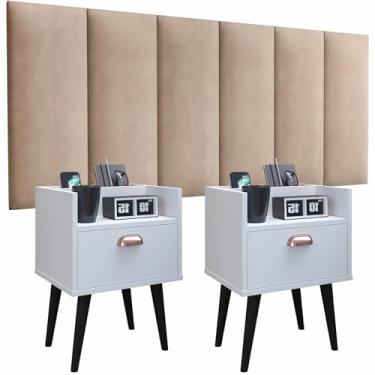 Imagem de Conjunto Cabeceira Cama Casal 1,40 Com kit 2 Criado Quarto Milena (Branco - Bege)