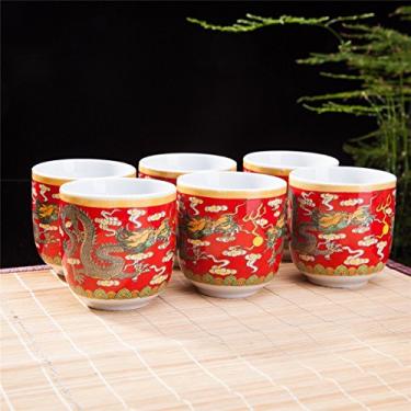 Imagem de Conjunto de 6 xícaras de chá de cerâmica com design do leste asiático em dragão vermelho - capacidade de 237 ml cada