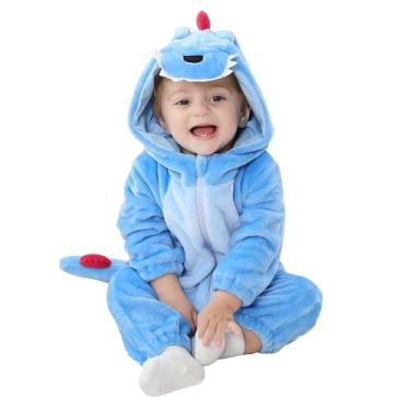 Imagem de TONWHAR Macacão unissex de Halloween para bebês e crianças pequenas outono inverno, Dinossauro azul, 2-3 Months