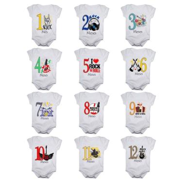 Imagem de Kit body bebê mesversario manga curta Rock In Roll 12 bodies 1 a 12 meses