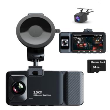 Imagem de XRC TECH Câmera veicular de 3 canais para carros, DVR de três vias frontal interna traseira, 2,5 K + 1080p + 1080p, WDR, GPS integrado WiFi, luz LED infravermelha, visão noturna infravermelha,