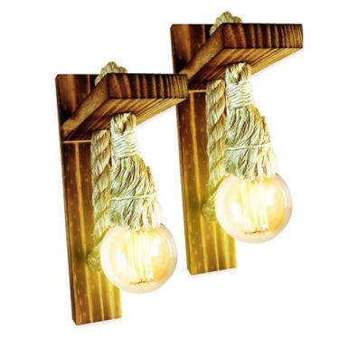 Imagem de Kit 2 Arandela Luminária Parede Madeira Retrô Rústica Sisal - JJVERAS