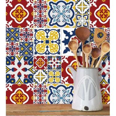 Imagem de Adesivo Azulejo Lavável Azul Vermelho Amarelo E Branco - Papel e Pared
