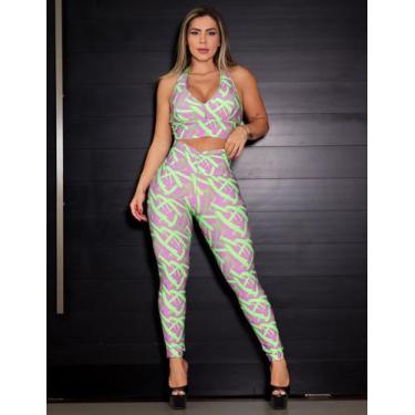 Imagem de Conjunto Estampado Feminino Calça Empina Bumbum e Cropped com Bojo - F