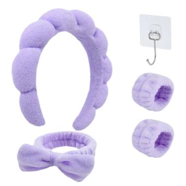 Imagem de Comsuit Faixa de cabeça de spa para lavar o rosto, com pulseira, esponja para maquiagem, faixa de cabelo para cuidados com a pele, 1 gancho de armazenamento para armazenamento, conjunto de faixa de