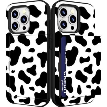 Imagem de IWONE Capa compatível com iPhone 15 Promax fofa com porta-cartões Slim Slot Phone 15 Pro Max Capa carteira para mulheres/preto branco padrão de vaca tema animal