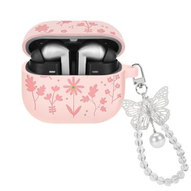 Imagem de CameCosy Capa para Samsung Galaxy Buds 3/Galaxy Buds 3 Pro com chaveiro de borboleta de cristal, capa protetora de silicone macio com estampa de grama de flor para Galaxy Buds 3/Buds 3 Pro-Pink