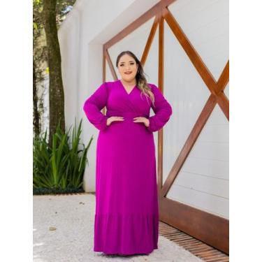 Imagem de Vestido Longo Plus Size Manga Longa Lastex na Cintura - luh may, Rosa,
