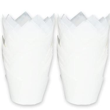 Imagem de MyBakning Copos para assar tulipas brancas de tamanho grande, 6 cm (diâmetro da base) x 10 cm (altura da parede), papel à prova de graxa, forros de muffin, caixa com 130 peças