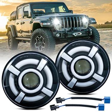 Imagem de LLPTA Conjunto de 2 faróis redondos DOT/SAE de 17,8 cm para projetor halo + adaptadores H4/H13 Âmbar seta branca luzes diurnas DRL de farol alto/baixo compatíveis com Wrangler TJ/LJ/JK 97-18