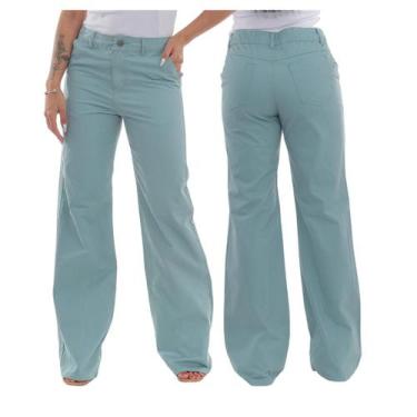 Imagem de Calça Wide Leg Feminina Sarja Cintura Alta Pernas Largas - Macaw, Gree