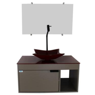 Imagem de Gabinete Armário Banheiro 60cm Cuba Quadrada Vermelha com Espelho - Cu