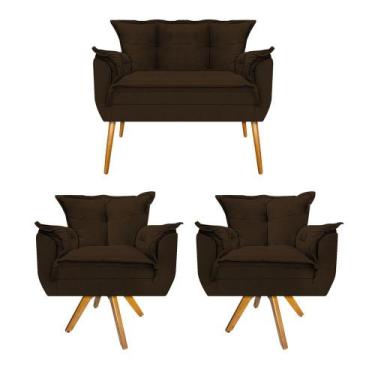 Imagem de Kit Namoradeira e 02 Poltronas Opala Base Giratória de Madeira Suede M