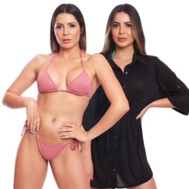 Imagem de Kit Saída de Praia Chemise Camisão Feminino + Biquini Cortininha de Am