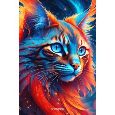 Imagem de Cool Colorful Furry Cat Illustration Graphic Art Journal Paperback: 100 Blank Ruled Pages 6x9 inch: Close Up of Cat, like a Phoenix Fire, Red and Blue ... Graphic Art Notebook Diary, Back to School