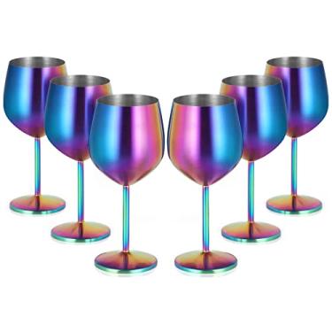 Imagem de Lifecapido Conjunto de 6 taças de vinho de aço inoxidável coloridas de 532 ml, taças de vinho de metal com haste com escova para festa, escritório, casamento, aniversário, ótimo para vinho branco tinto