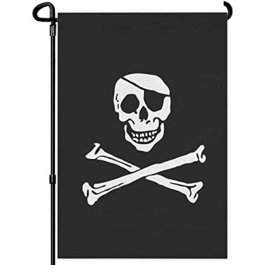 Imagem de HOSNYE Bandeira de pirata bandeiras de jardim bandeiras de jardim dupla face Jolly Roger com tapa-olhos caveira malvada bandeiras de jardim 30,5 x 45,7 cm para decoração de quintal ao ar livre