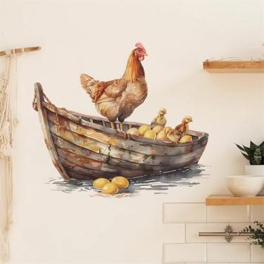 Imagem de Adesivos de parede pintinhos de galinha, adesivos de parede sacinora de barco de madeira com ovos de galinha removíveis para decoração de casa de fazenda, cozinha, berçário, despensa, geladeira,