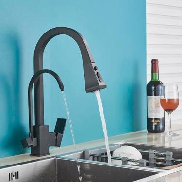 Imagem de Filtro de purificação Torneira de cozinha 2 modelos Torneira de água potável retrátil Deck giratório Montagem Misturador frio quente Guindaste, preto fosco A