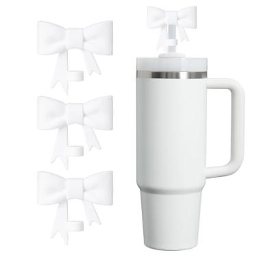 Imagem de HIUSITY Cobertura de canudo de laço branco para copo Stanley, topo de palha de silicone para copo com alça de 1,134 g, capa fofa de 10 mm/0,4 pol, tampas de canudo reutilizáveis para acessórios