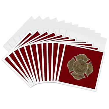 Imagem de 3dRose Cartões de felicitações - Imagem do design do emblema de bombeiro, aparência de fita cinza em vermelho ou marrom - 15 x 15 cm, conjunto de 12 (gc_308923_2)
