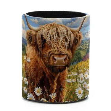 Imagem de LWSHUNYI Suporte de caneta colorida de grande capacidade para mesa, margaridas de vaca Highland, porta-lápis de couro, porta-pincéis de maquiagem, acessórios de mesa e organizadores de espaço de