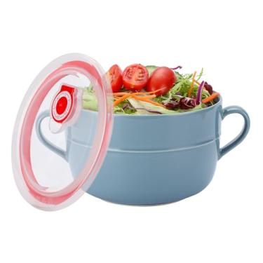 Imagem de VanEnjoy Tigela de sopa de cerâmica para micro-ondas de 946 ml com tampa, caneca de sopa grande para micro-ondas com tampa, tigela de sopa de viagem com alça e tampa para tigela de cereais de salada