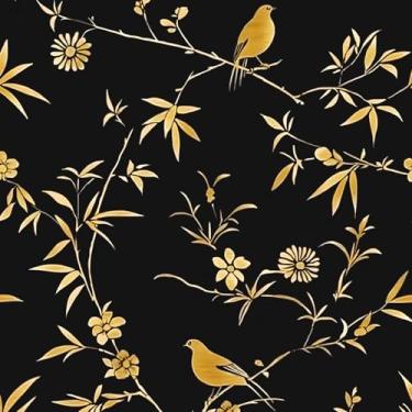 Imagem de Fvlow Papel de parede floral dourado descasque e cole papel de parede dourado dourado preto papel de contato papel de parede removível vintage amigável ao locatário envoltório à prova d'água 43 cm x