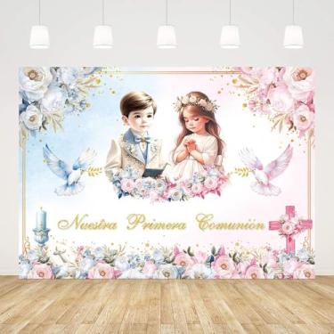 Imagem de AIBIIN 2,1 x 1,5 m Nuestra Primera Comunion Pano de fundo para gêmeos Our First Communion God Bless Baptism Photography Background Mi Bantizo Chalice Doves Baby Shower Decorações Banner Photo Props