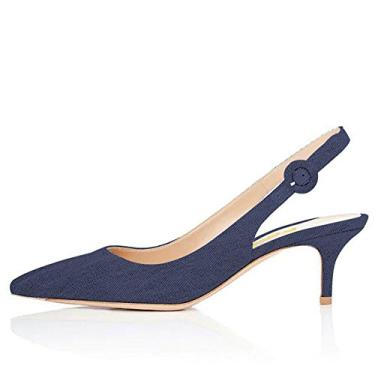 Imagem de Divanne Slingback Pumps, sandália feminina bico fino salto baixo tira slingback salto gatinho sapatos noite festa casamento, Jeans azul marinho, 35