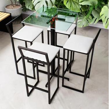 Imagem de Conjunto Mesa Alta Bar Bistrô Quadrada Vidro 4 Banquetas Confort Estofado Industrial Black (Branco)