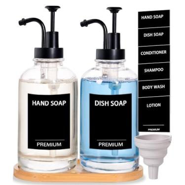 Imagem de Dispensador de saboneteira para cozinha, conjunto de dispensador de sabão de vidro manual com bomba, bandeja, funil para banheiro, chuveiro, lavanderia, líquido, loção (pacote com 2 frascos