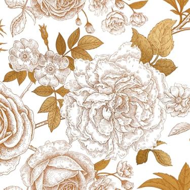 Imagem de FunStick Papel de parede branco e dourado de 44,5 cm x 1,498 cm Descasque e cole papel de parede floral antigo vintage papel de contato floral removível para decoração de parede de flores para sala de