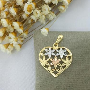 Imagem de Pingente Banhado A Ouro e Ródio De Coração Com Flores Grande Bijou Art