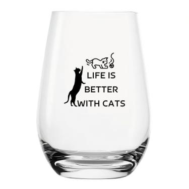 Imagem de YJXIN Taça de vinho engraçada sem haste Life is Better with Cats Decoração temática de gato e presentes fofos para mulheres 500 ml, transparente