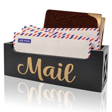 Imagem de Organizador de correio preto para bancada, organizador de correio montado na parede, armazenamento de mesa de madeira rústica para cartas, cartão postal, caixa de correio para mesa, escritório, casa