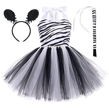 Imagem de Fantasia de cosplay de zebra para meninas, 3 peças com orelhas, cauda de cabeça de animal, fantasia de Halloween, cosplay, roupa de festa de aniversário, vestido de cosplay temático da selva, zebra de Natal 1 a 2 anos