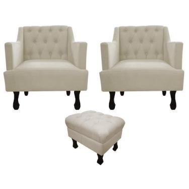 Imagem de Kit 2 Poltronas Decorativa Julia + Puff Luis Xv Couro Bege Pés Madeira