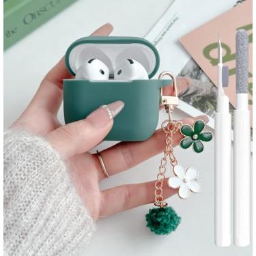 Imagem de Linda capa verde pinho para Airpods 4 capa para meninas e mulheres com chaveiro de flor pompom e kit de limpeza, silicone macio Airpods iPod 4ª geração capa protetora para Airpod 4 2024