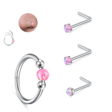 Imagem de JFORYOU Conjunto de anéis de nariz 18G para mulheres, aço inoxidável, hipoalergênico, em forma de L, saca-rolhas, pinos de nariz reto, opala articulada, segmento de clique, argolas de nariz, argolas