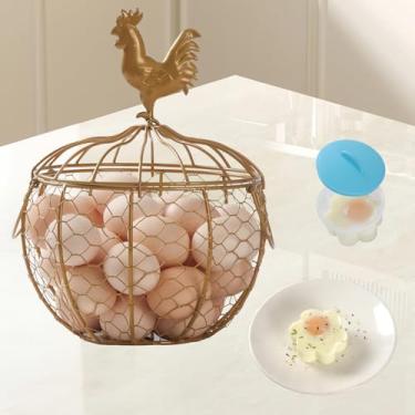 Imagem de Cesta de arame para coletar ovos frescos, cesta de metal para coletar ovos de galinha com alça, suporte de ovos para bancada, rack de armazenamento de fazenda com 4 peças de molde cozido (ouro)