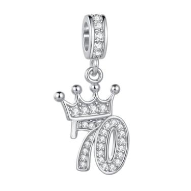 Imagem de MiiFort Tiara com coroa cintilante, pingente de aniversário de 70 anos, serve para pulseiras Pandora Charms Moments para mulheres, aniversário, celebração, miçanga, zircônia cúbica transparente