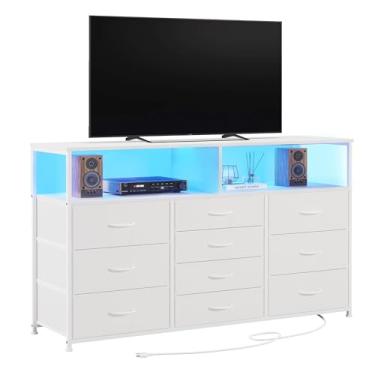 Imagem de Unionly Cômoda Com 10 Gavetas E 2 Prateleiras De Armazenamento Abertas, Cômoda Com Suporte Para Tv De 55,65 Polegadas, Com Tomadas Elétricas E Luzes Led, Cômodas De Tecido Com Gavetas Para Quarto, C
