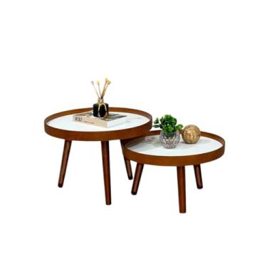 Imagem de Mesa de Centro Redonda Barcelona com Tampo de Madeira 50mm e Pés Palito, Conjunto com 2 Mesas Modernas (Tampos Branco)