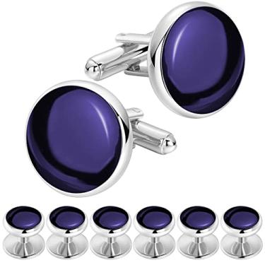 Imagem de Abotoaduras redondas e conjunto de 4 pinos para homens com camisa de smoking e acessórios de casamento para negócios da HAWSON, Blue/Silver, Small
