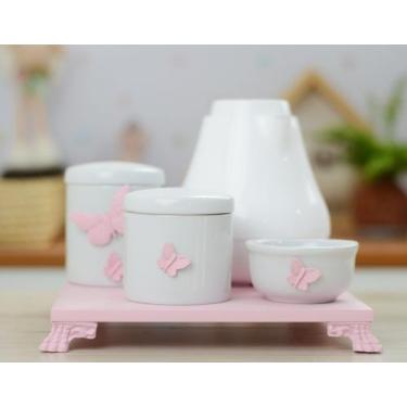 Imagem de Kit Higiene Bebê Moderno Borboleta Rosa Menina Porcelana K213 - Cirand