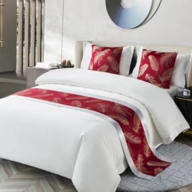 Imagem de Cachecol de cama de hotel, macio, sem desbotamento, toalha de cama acolchoada jacquard proteção moderna com estampa de penas, decoração para cama de solteiro, tamanho king, vermelha, 2 fronhas 19,7 x