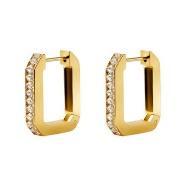 Imagem de Brincos de clipe de papel de ouro para mulheres banhado a ouro 14 k brinco de argola quadrada de aço inoxidável retangular simples Huggie U brinco de argola leve brincos de elos de corrente